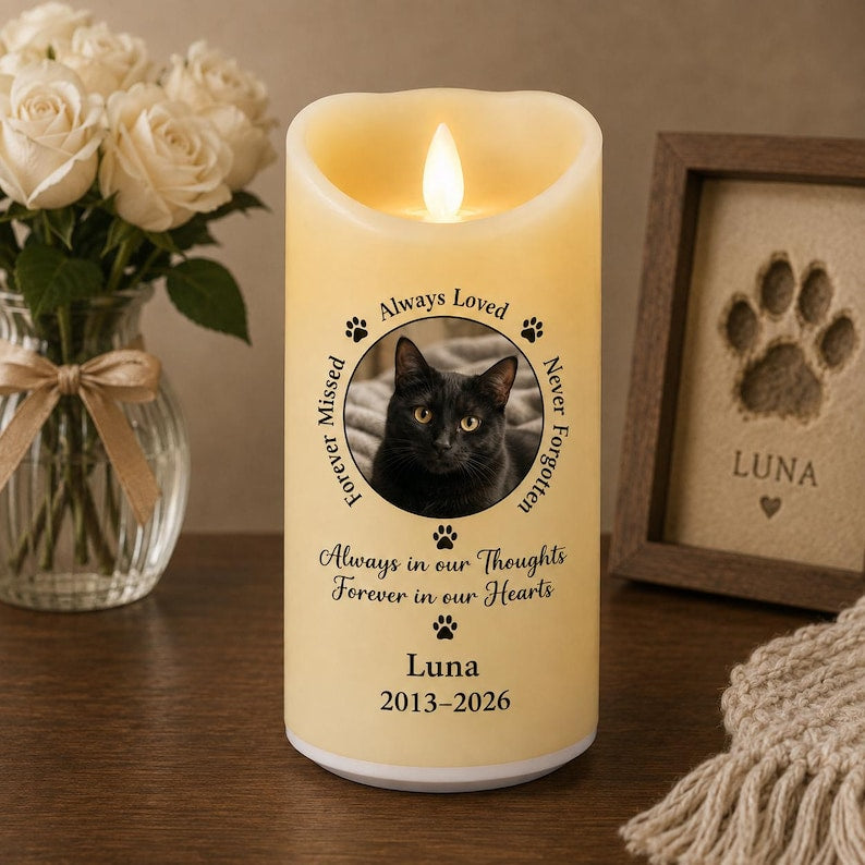 Custom Dog Cat Memorial LED Candle, Personalized Pet Photo Remembrance Light, Rainbow Bridge Keepsake, Pet Loss Gift