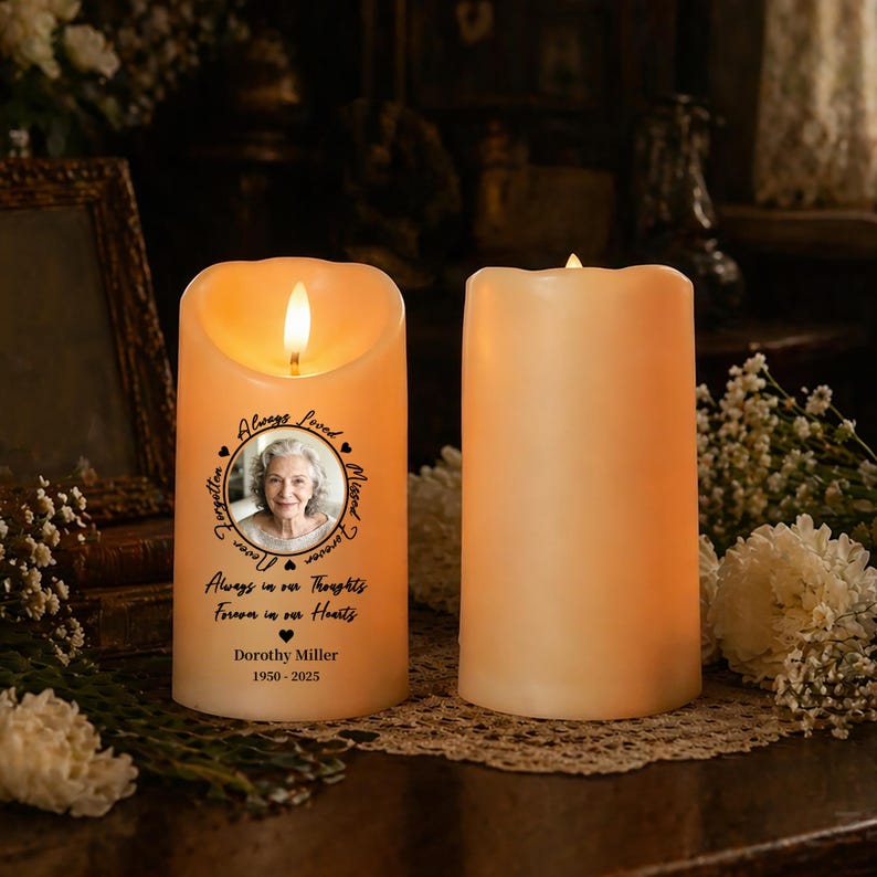 Personalized Memorial LED Candle with Photo, Custom In Loving Memory Flameless Candle, Remembrance Keepsake, Sympathy Gift for Loss of Loved One