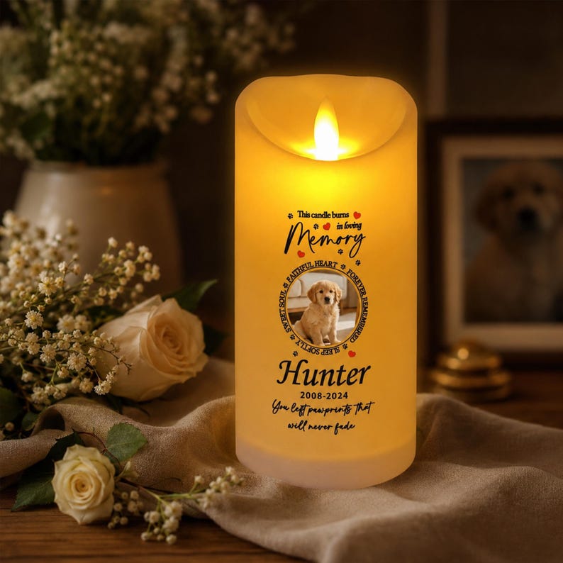 Custom Pet Photo In Loving Memory Flameless Candle, Personalized LED Memorial Candle, Pet Loss Remembrance Decor, Dog Cat Lover Gift, Sympathy Gift