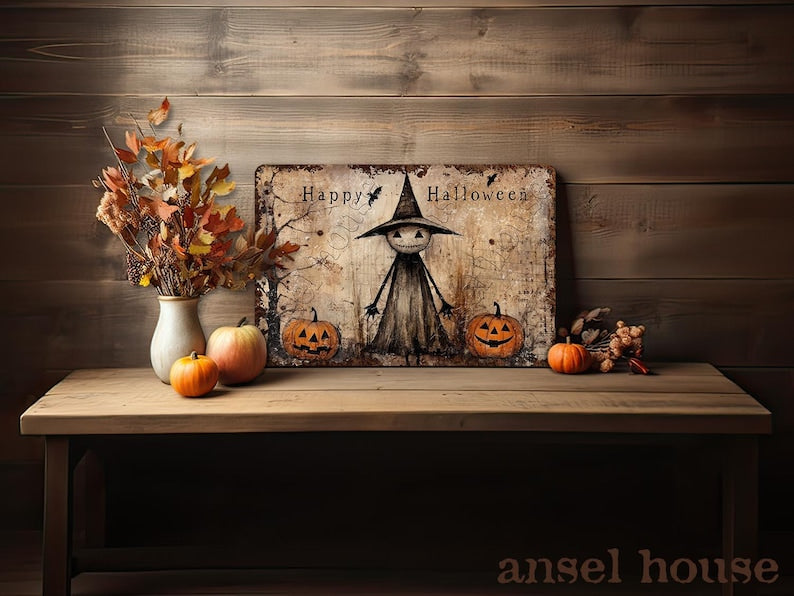 Primitive Halloween Metal Sign, Rustic Witch & Pumpkin Porch Decor, Distressed Vintage Halloween Wall Art, Cottagecore Outdoor Sign