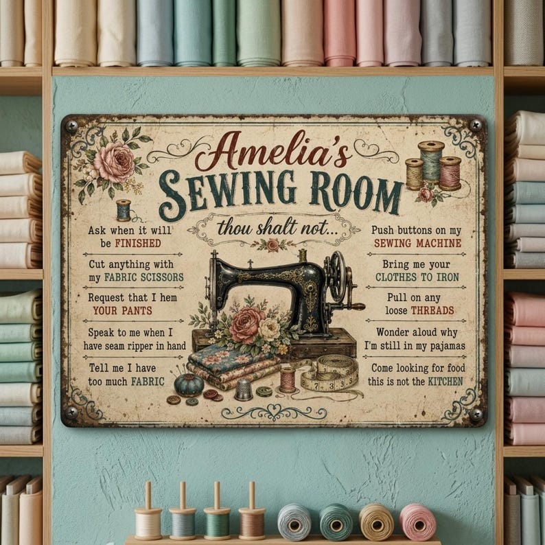Personalized Sewing Room Thou Shalt Not Metal Sign – Vintage Seamstress Decor, Quilting Rules Wall Art, Retro Tailor Gift