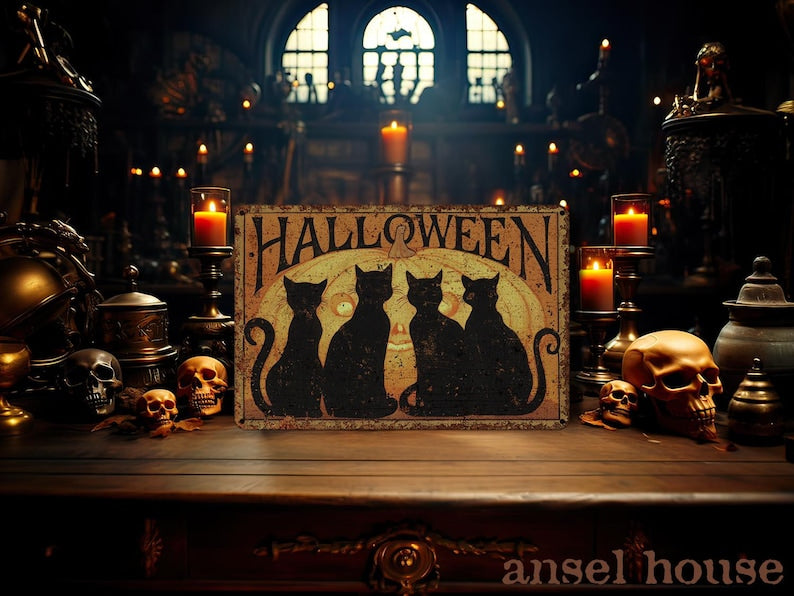 Primitive Halloween Metal Sign | 4 Black Cats & Pumpkin Rustic Outdoor Door Decor