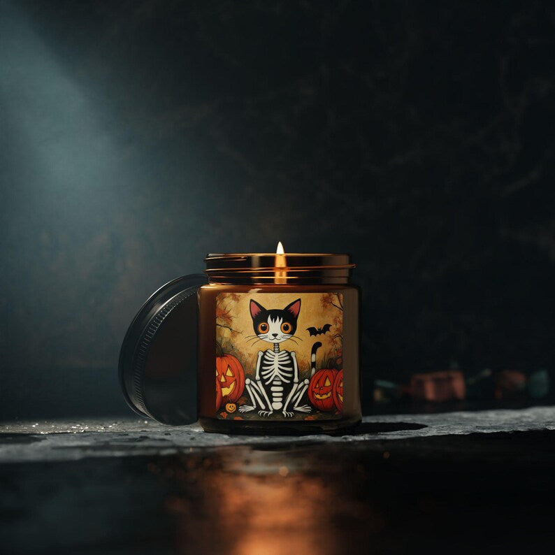 Enchanted Cat Skeleton Candle, Natural Soy Wax Halloween Candle, Spooky Cat Lover Decor, Gothic Witchy Candle, Halloween Home Decor, 4oz 9oz Gift