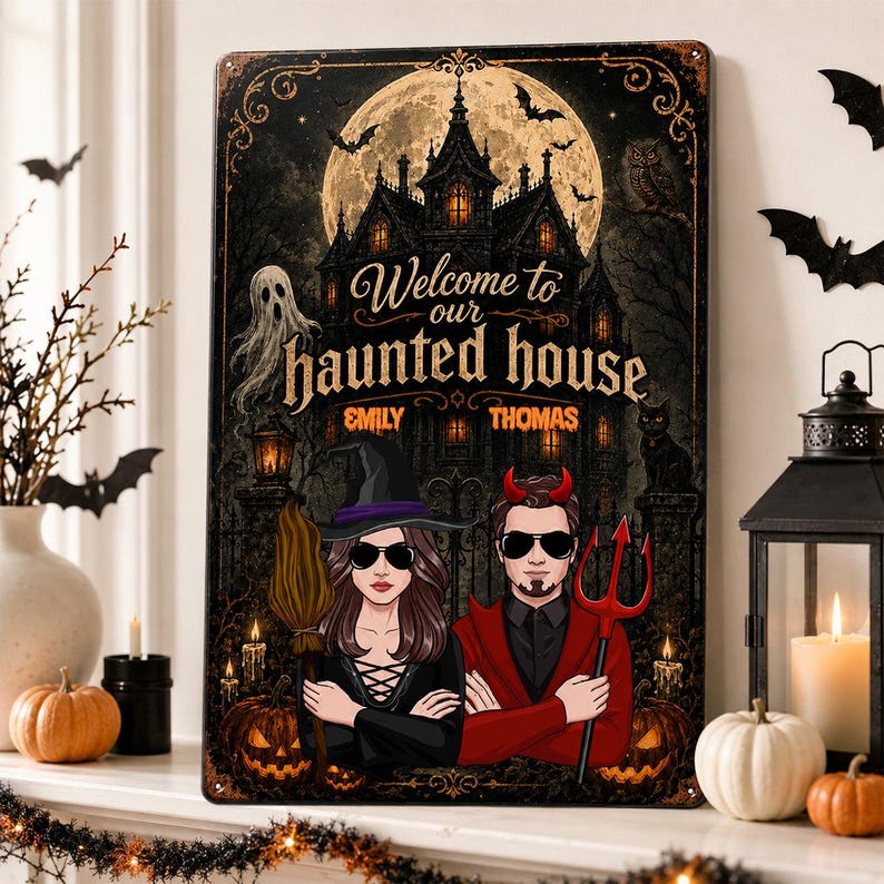 Custom Halloween Haunted House Sign, Personalized Welcome Halloween Metal Sign, Couple Halloween Yard Decor, Spooky Porch Wall Art, Halloween Gift