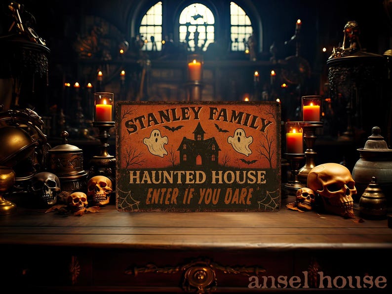 Custom Halloween Haunted House Metal Sign – Personalized Rustic Spooky Decor, Primitive Halloween Porch & Front Door Plaque