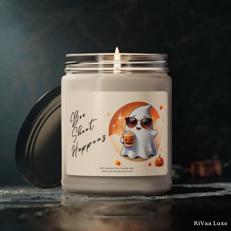 Boo Sheet Happens Candle – Funny Halloween Candle, Spooky Ghost Fall Decor, Apple Spice Scented Soy Candle