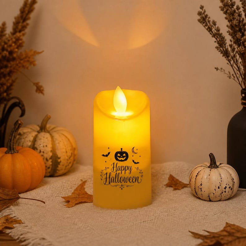 Personalized Halloween LED Candle, Custom Flameless Candle Decor, Spooky Season Gift, Pumpkin Ghost Light, Safe Flickering LED Festival Lamp (Copy)