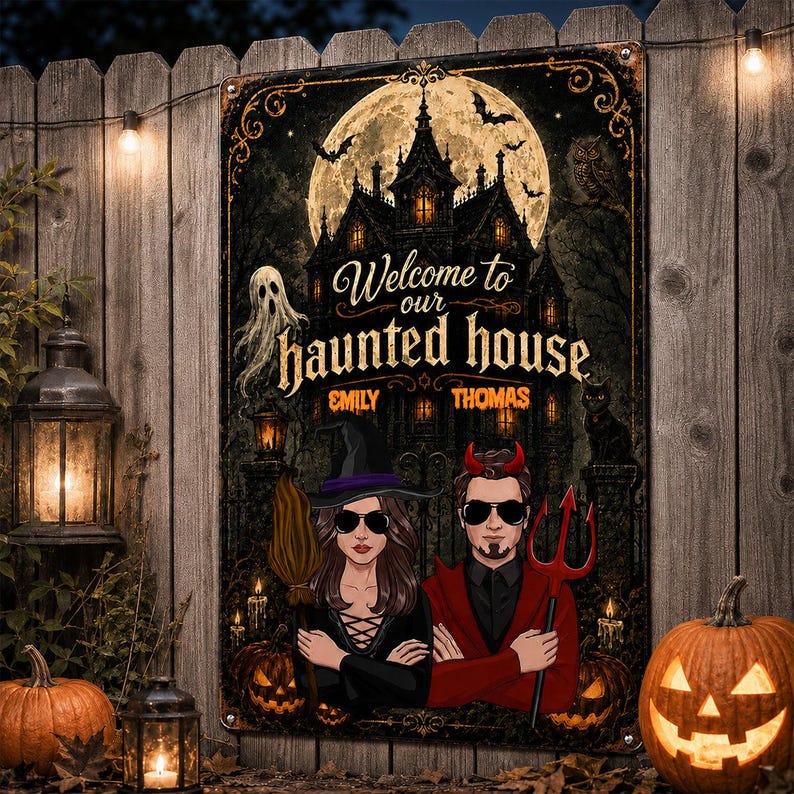 Custom Halloween Haunted House Sign, Personalized Welcome Halloween Metal Sign, Couple Halloween Yard Decor, Spooky Porch Wall Art, Halloween Gift