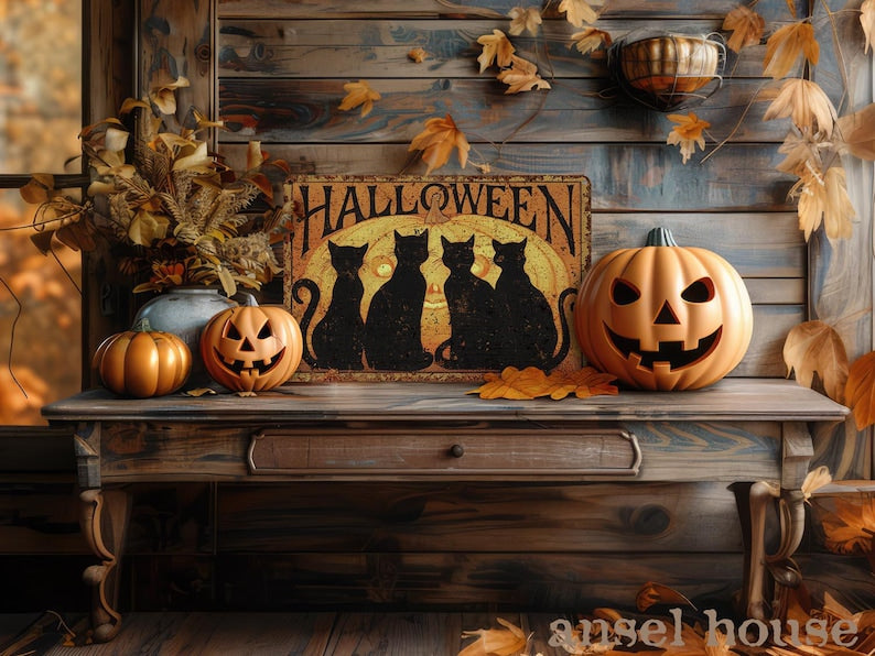 Primitive Halloween Metal Sign | 4 Black Cats & Pumpkin Rustic Outdoor Door Decor