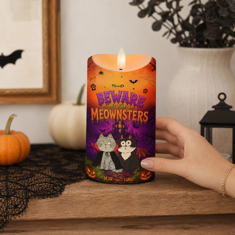Cat Halloween LED Candle, Meownsters Cat Lover Gift, Halloween Decor For Cat Mom