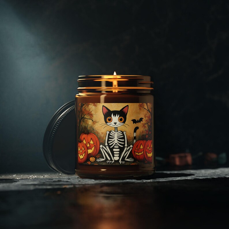 Enchanted Cat Skeleton Candle, Natural Soy Wax Halloween Candle, Spooky Cat Lover Decor, Gothic Witchy Candle, Halloween Home Decor, 4oz 9oz Gift
