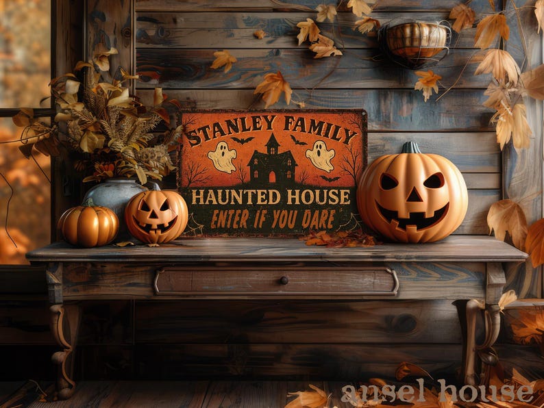 Custom Halloween Haunted House Metal Sign – Personalized Rustic Spooky Decor, Primitive Halloween Porch & Front Door Plaque