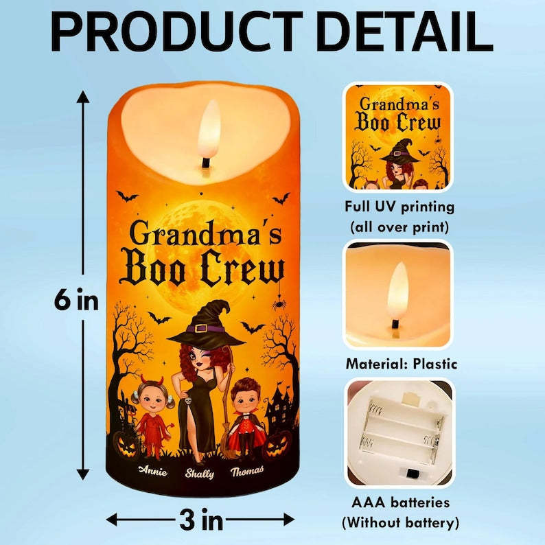 Personalized Grandma Boo Crew LED Candle , Grandkids Name Ghost Halloween Flameless Decor Gift