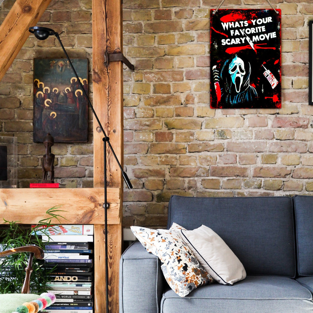 What’s Your Favorite Scary Movie Metal Tin Sign, Halloween Horror Wall Decor, Spooky Movie Quote Sign, Vintage Horror Room Decor, Halloween Gift