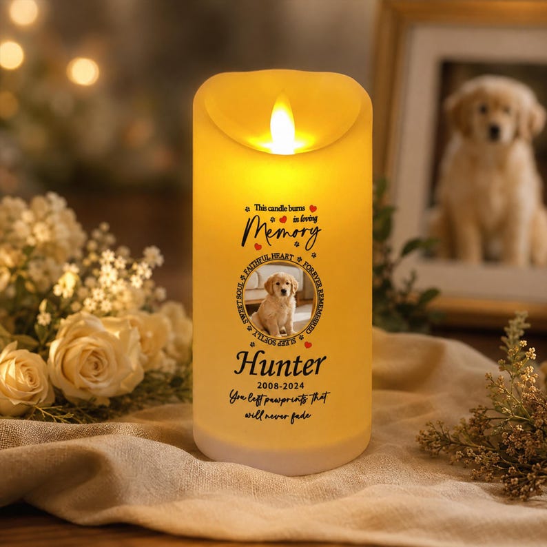Custom Pet Photo In Loving Memory Flameless Candle, Personalized LED Memorial Candle, Pet Loss Remembrance Decor, Dog Cat Lover Gift, Sympathy Gift