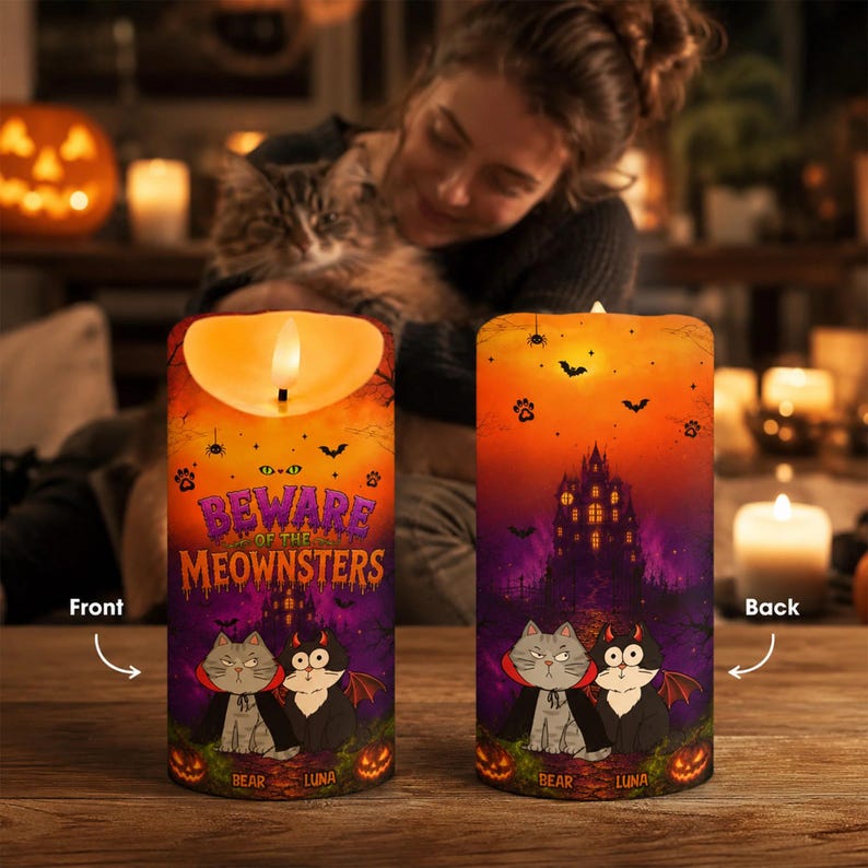 Cat Halloween LED Candle, Meownsters Cat Lover Gift, Halloween Decor For Cat Mom