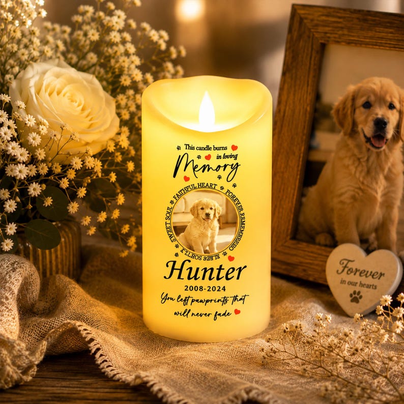 Custom Pet Photo In Loving Memory Flameless Candle, Personalized LED Memorial Candle, Pet Loss Remembrance Decor, Dog Cat Lover Gift, Sympathy Gift
