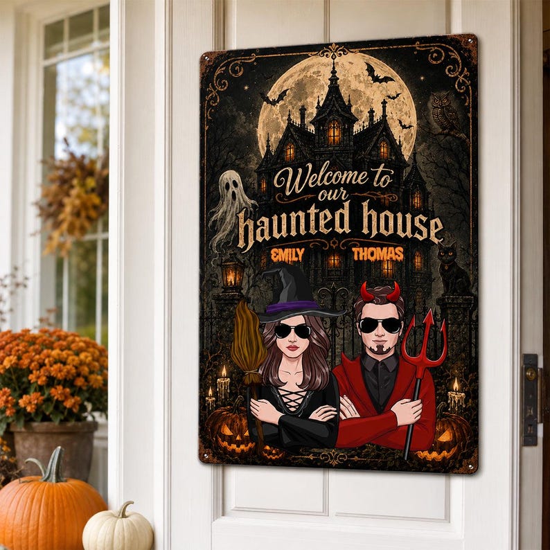 Custom Halloween Haunted House Sign, Personalized Welcome Halloween Metal Sign, Couple Halloween Yard Decor, Spooky Porch Wall Art, Halloween Gift