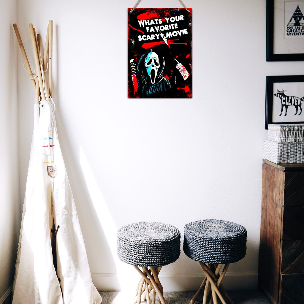 What’s Your Favorite Scary Movie Metal Tin Sign, Halloween Horror Wall Decor, Spooky Movie Quote Sign, Vintage Horror Room Decor, Halloween Gift