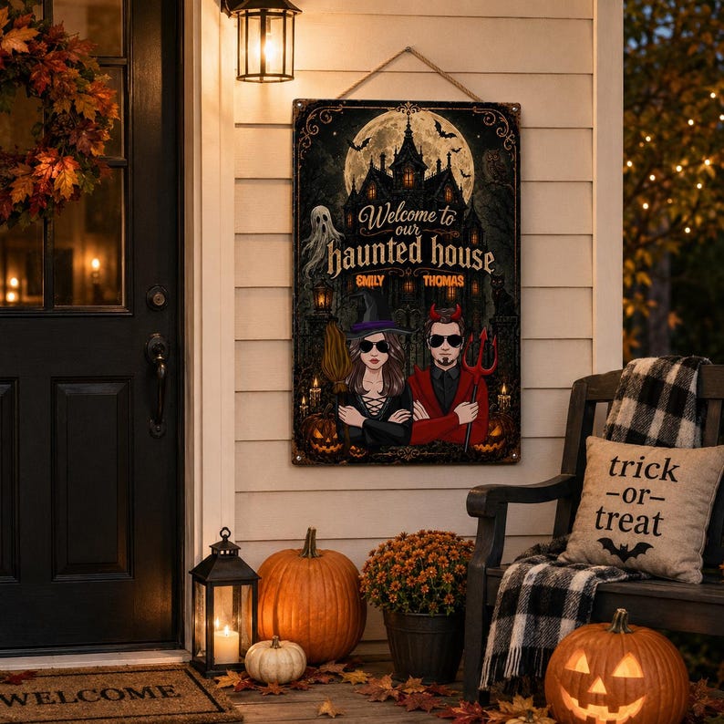 Custom Halloween Haunted House Sign, Personalized Welcome Halloween Metal Sign, Couple Halloween Yard Decor, Spooky Porch Wall Art, Halloween Gift