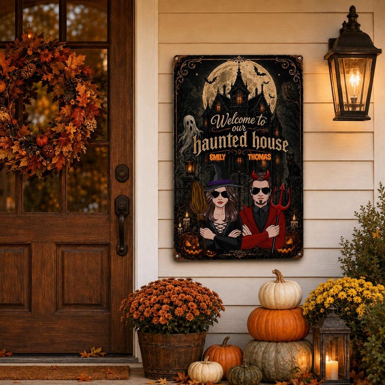 Custom Halloween Haunted House Sign, Personalized Welcome Halloween Metal Sign, Couple Halloween Yard Decor, Spooky Porch Wall Art, Halloween Gift
