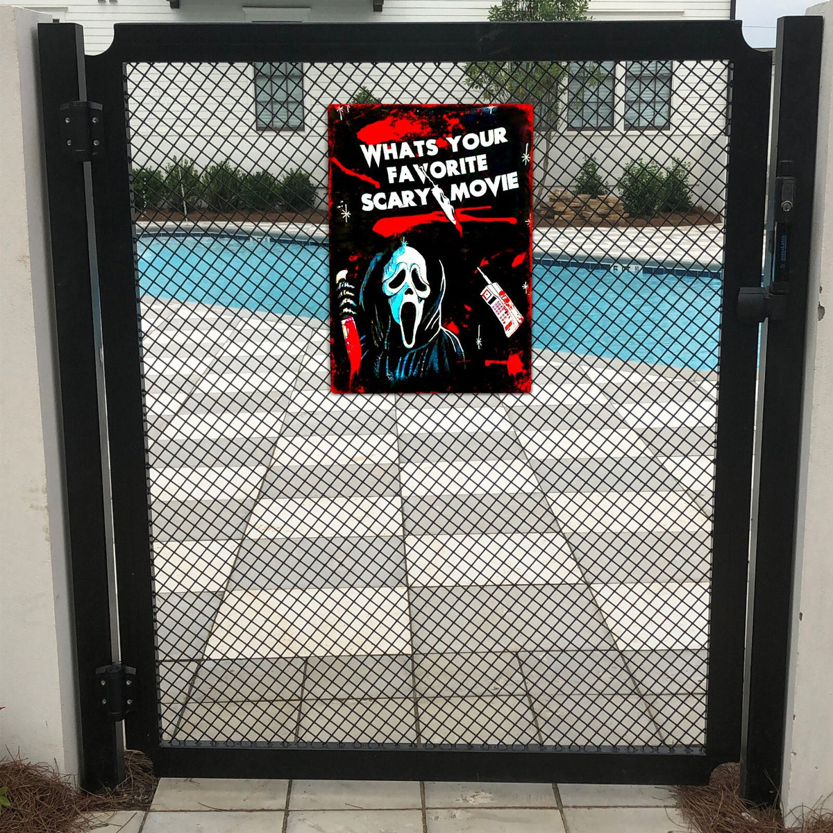 What’s Your Favorite Scary Movie Metal Tin Sign, Halloween Horror Wall Decor, Spooky Movie Quote Sign, Vintage Horror Room Decor, Halloween Gift