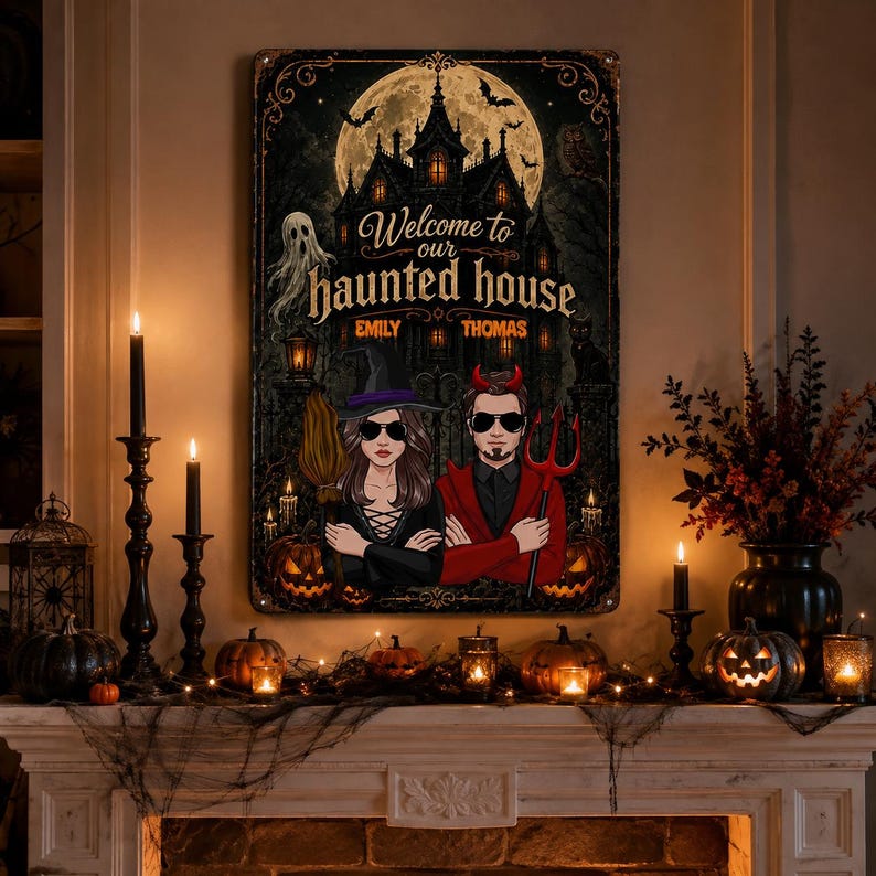 Custom Halloween Haunted House Sign, Personalized Welcome Halloween Metal Sign, Couple Halloween Yard Decor, Spooky Porch Wall Art, Halloween Gift
