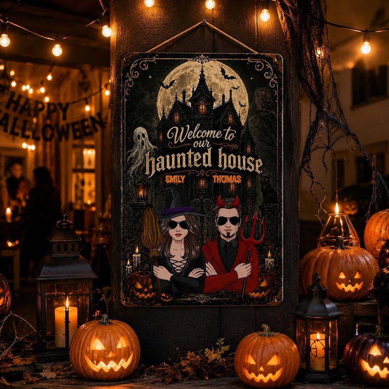 Custom Halloween Haunted House Sign, Personalized Welcome Halloween Metal Sign, Couple Halloween Yard Decor, Spooky Porch Wall Art, Halloween Gift