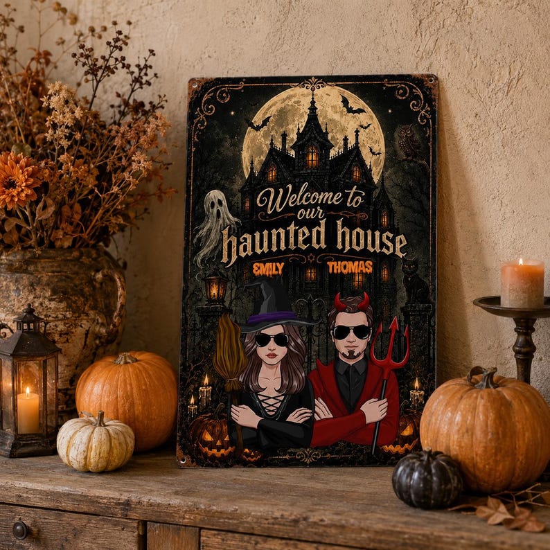 Custom Halloween Haunted House Sign, Personalized Welcome Halloween Metal Sign, Couple Halloween Yard Decor, Spooky Porch Wall Art, Halloween Gift