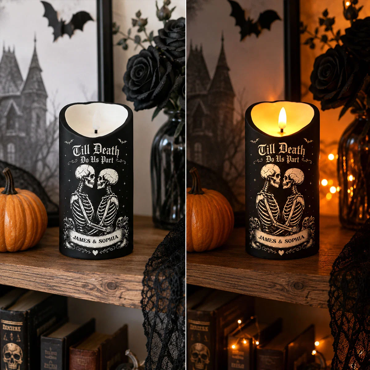 💀 Till Death Do Us Part Personalized LED Candle – Skeleton Couple Halloween Decor, Gothic Couple Gift 🖤🎃
