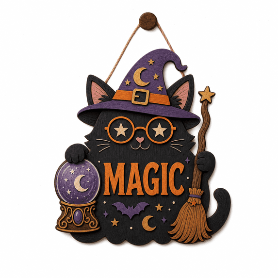 Personalized Halloween Door Sign Crystal Ball Cat Wooden Front Door Hanger for Halloween Hosts