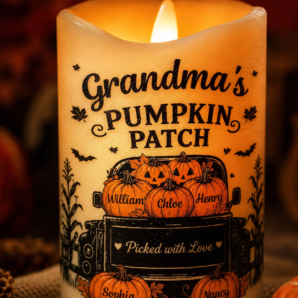 🎃Grandma's Pumpkin Patch Jack-O'-Lantern Truck Personalized LED Candle, Halloween Decor Gift for Grandma, Spooky Fall Home Decoration