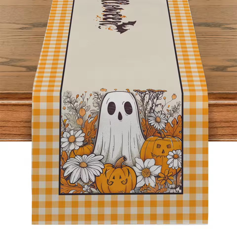 Halloween Cute Ghost Chrysanthemum Table Runners Dresser Table Decor Washable Kitchen Dining Coffee Table Runner Party Decor
