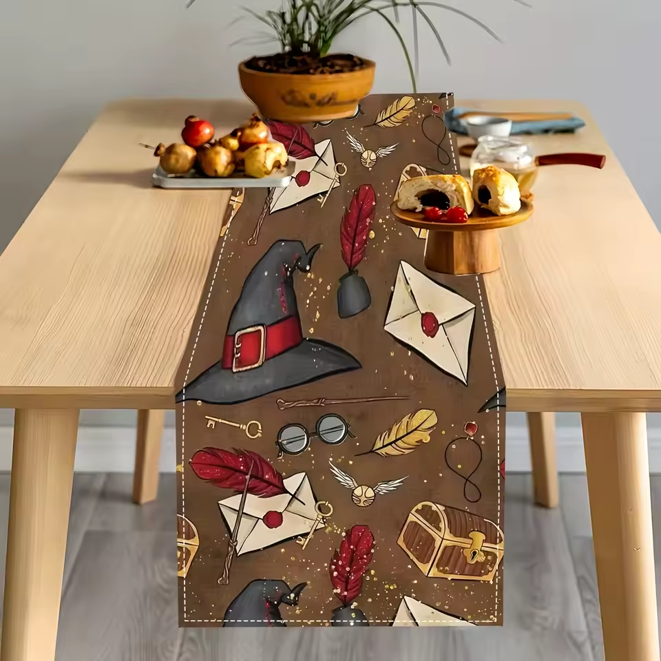 Vintage Witch & Wizard Halloween Table Runner - Unique 1pc Gothic Party Decor, Perfect for Spooky Themed Celebrations