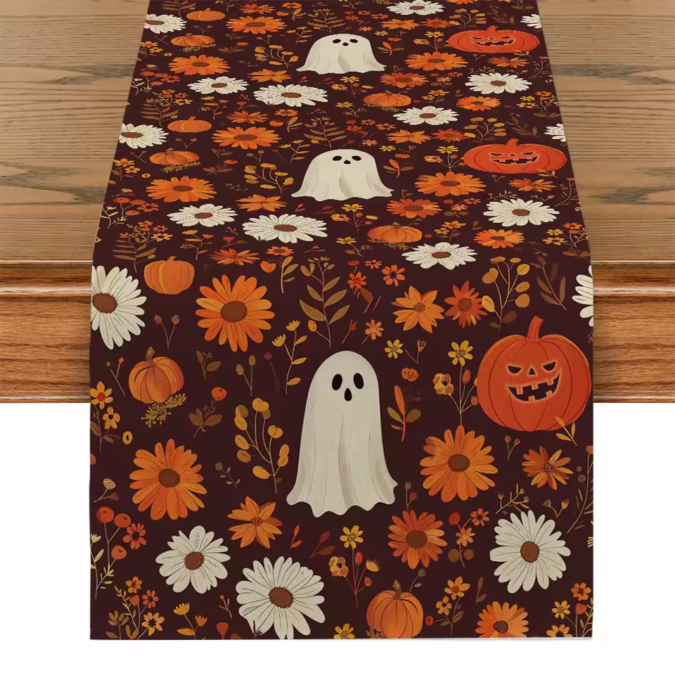 Halloween Cute Ghost Chrysanthemum Table Runners Dresser Table Decor Washable Kitchen Dining Coffee Table Runner Party Decor