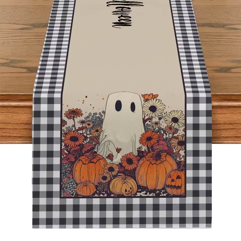 Halloween Cute Ghost Chrysanthemum Table Runners Dresser Table Decor Washable Kitchen Dining Coffee Table Runner Party Decor