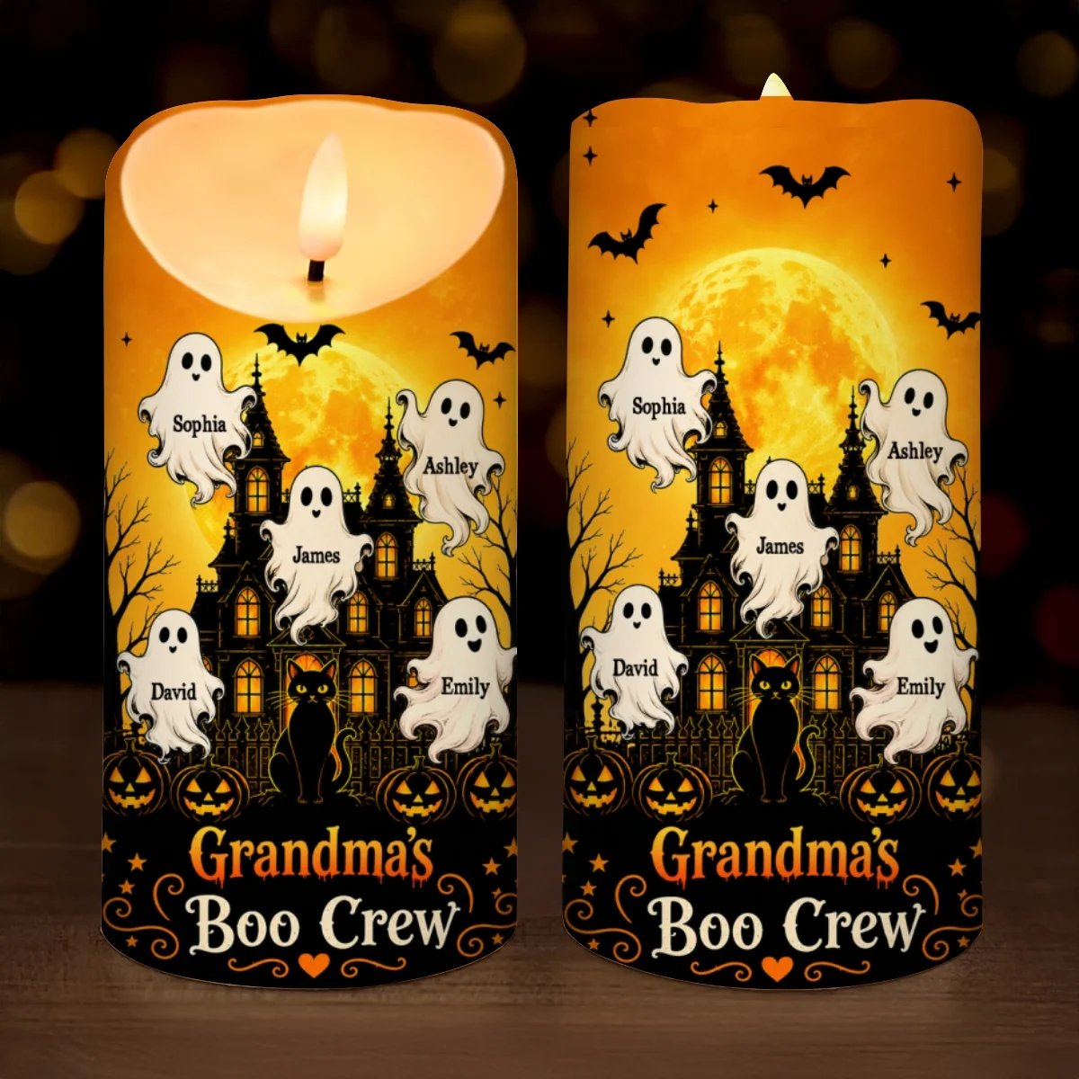 🎃 Grandma's Little Boo Crew Personalized LED Candle – Haunted House Halloween Decor, Custom Gift for Grandma 👻🕯️