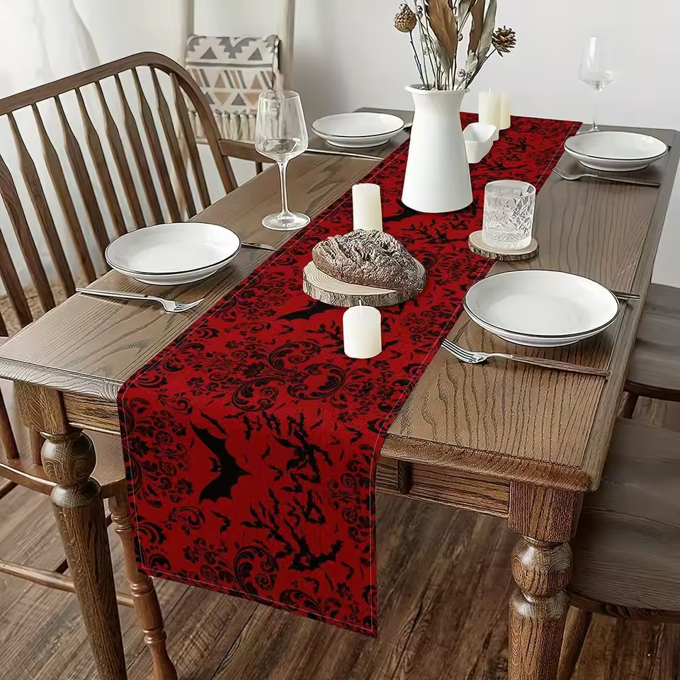 Baroque Gothic Bat Table Runner Vintage Floral Pattern Perfect for Halloween Restaurant and Living Room Decoration