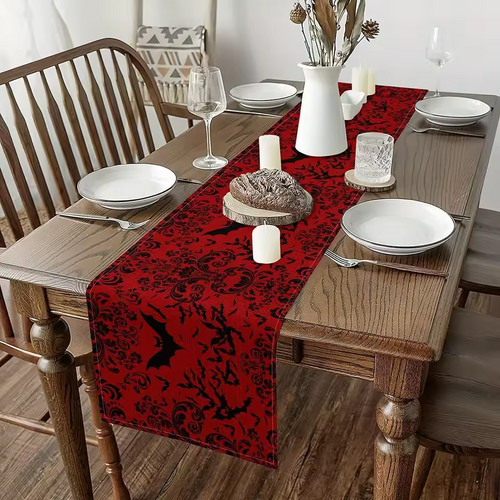 Baroque Gothic Bat Table Runner Vintage Floral Pattern Perfect for Halloween Restaurant and Living Room Decoration