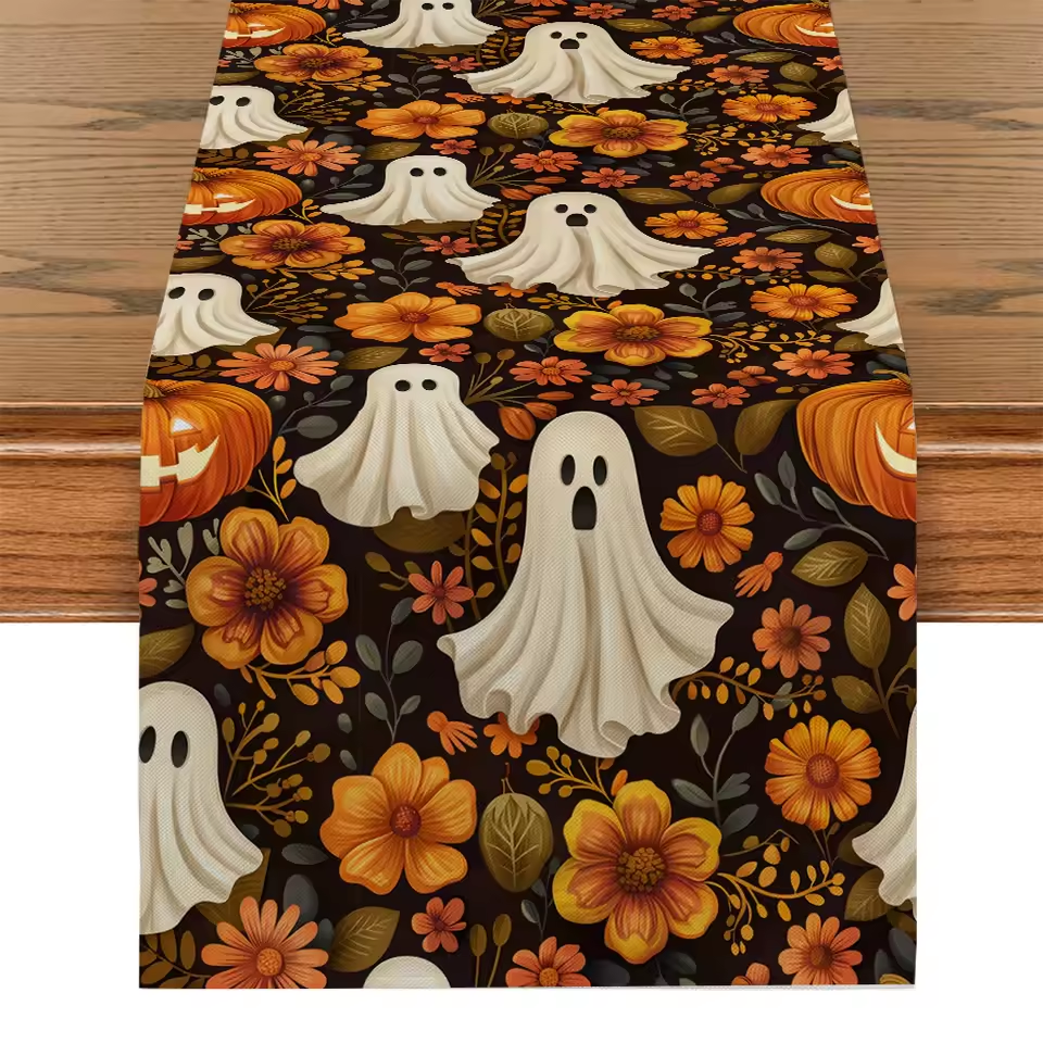Halloween Cute Ghost Chrysanthemum Table Runners Dresser Table Decor Washable Kitchen Dining Coffee Table Runner Party Decor