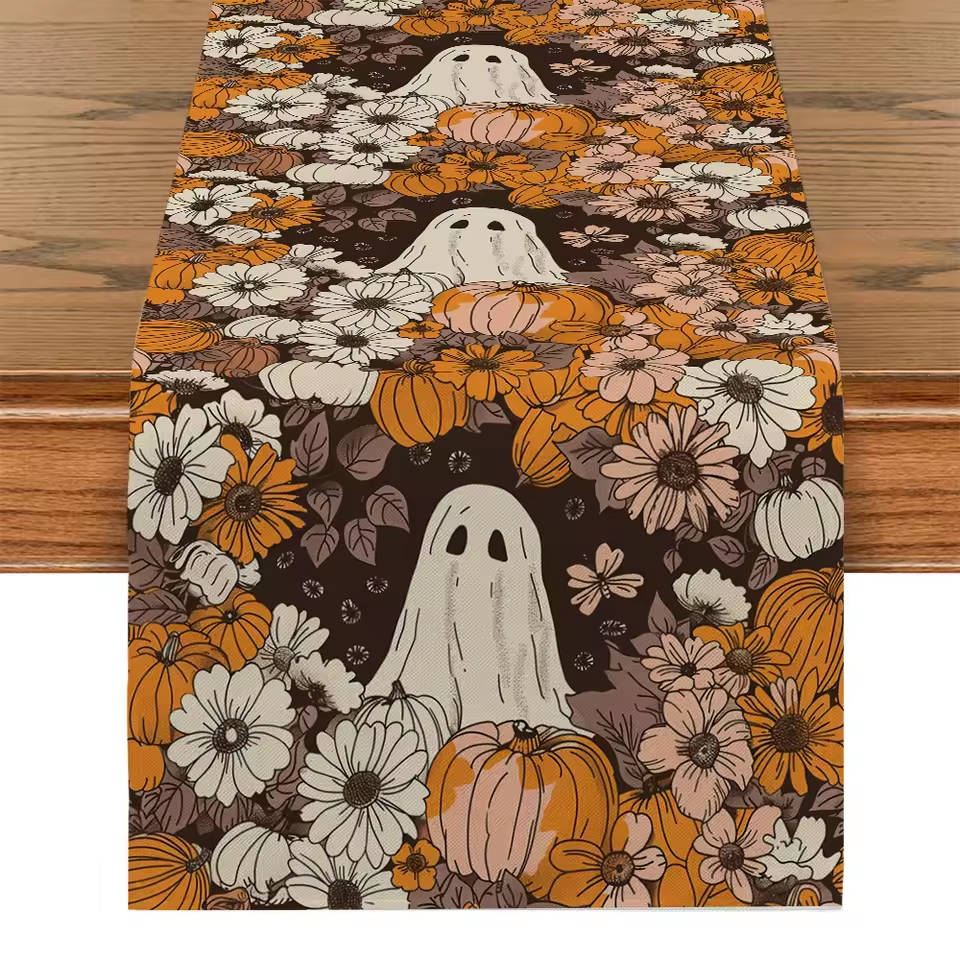 Halloween Cute Ghost Chrysanthemum Table Runners Dresser Table Decor Washable Kitchen Dining Coffee Table Runner Party Decor