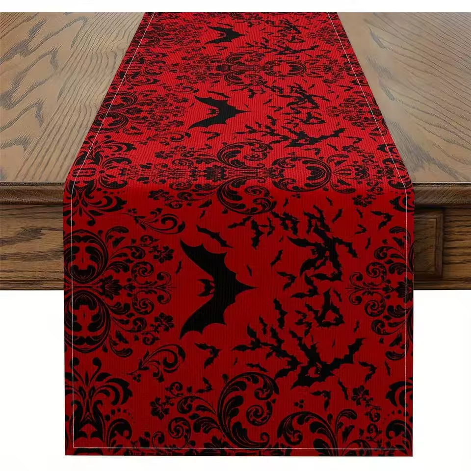 Baroque Gothic Bat Table Runner Vintage Floral Pattern Perfect for Halloween Restaurant and Living Room Decoration