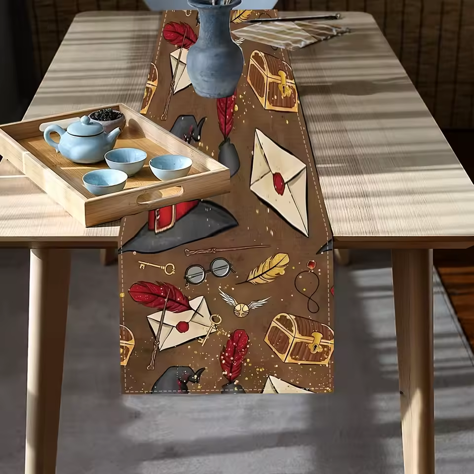 Vintage Witch & Wizard Halloween Table Runner - Unique 1pc Gothic Party Decor, Perfect for Spooky Themed Celebrations
