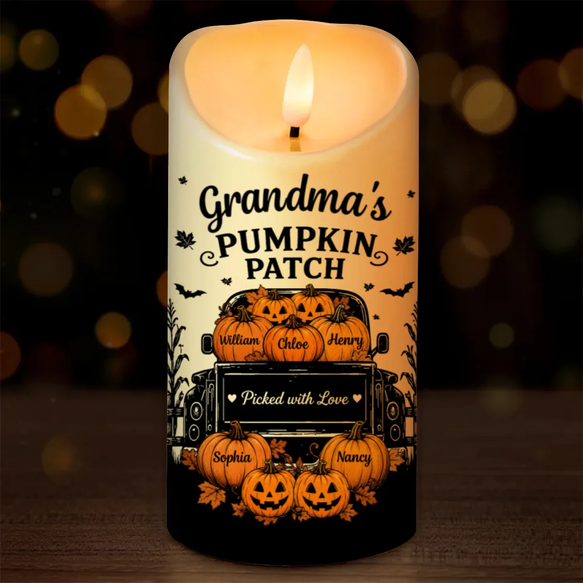 🎃Grandma's Pumpkin Patch Jack-O'-Lantern Truck Personalized LED Candle, Halloween Decor Gift for Grandma, Spooky Fall Home Decoration