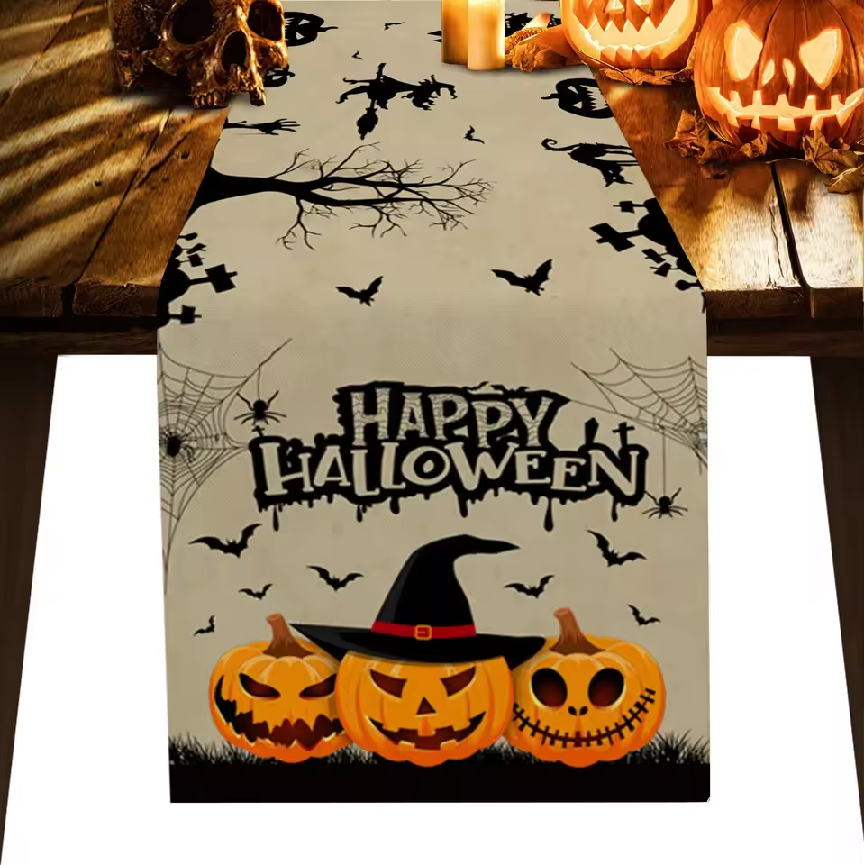 Halloween Horror Pumpkin Bat Linen Table Runners Kitchen Decor Reusable Table Runner for Dining Table Halloween Decorations