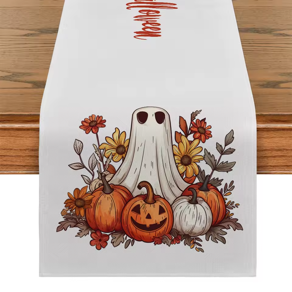Halloween Cute Ghost Chrysanthemum Table Runners Dresser Table Decor Washable Kitchen Dining Coffee Table Runner Party Decor