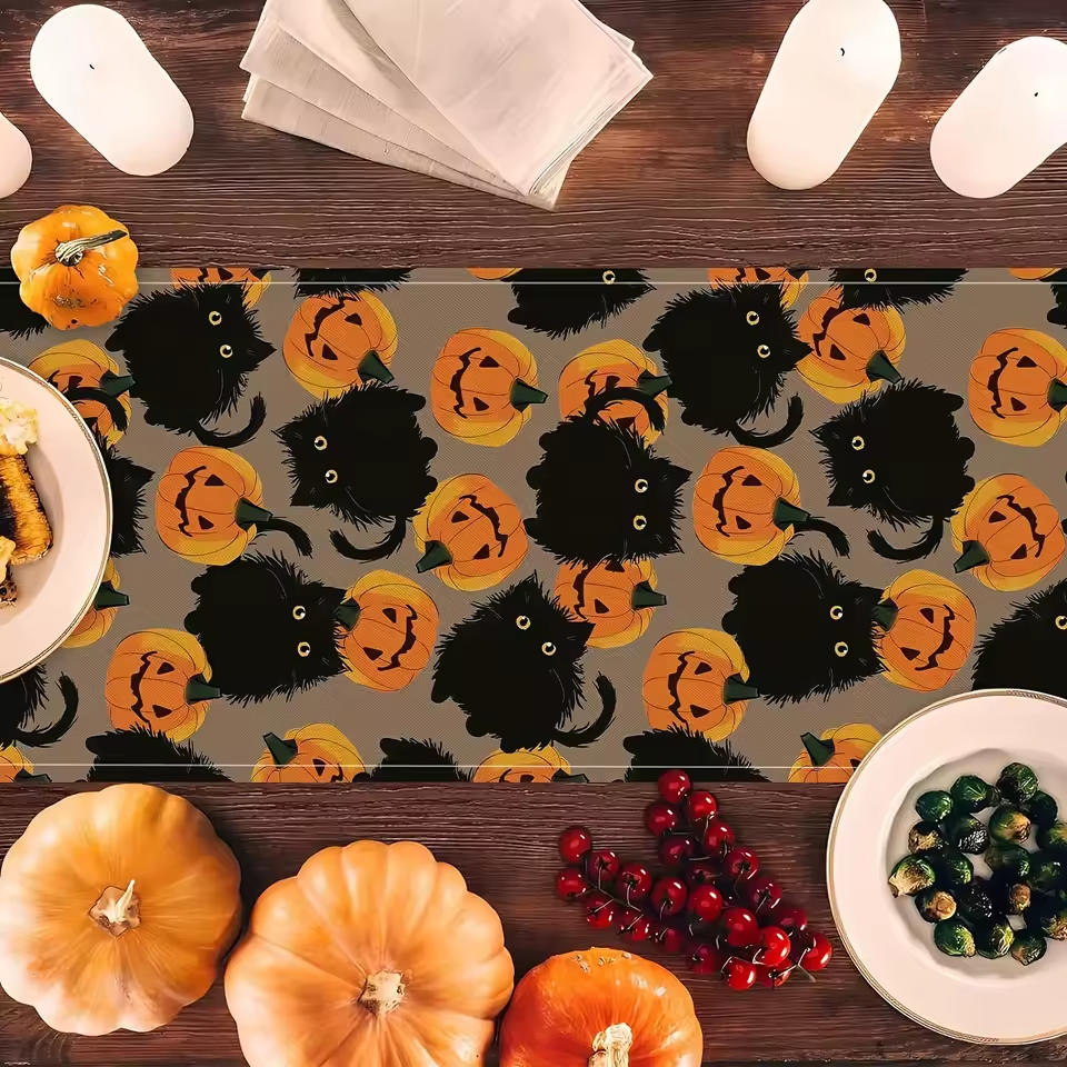 Halloween-Themed Table Runner Decorated with Black Cat and Pumpkin, Suitable for Parties, Restaurants, Homes, Markets, and Holiday Decoration Scenes.