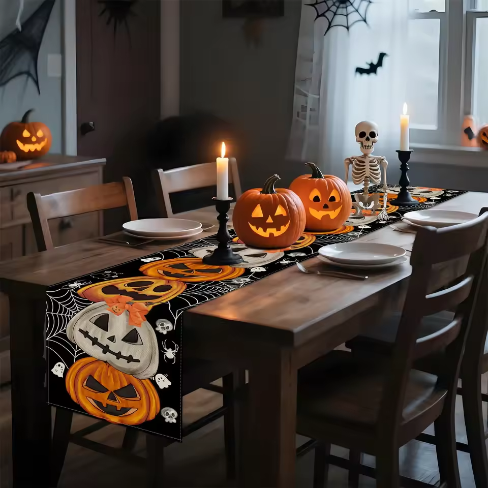 Bohemian Halloween Halloween Theme Table Runner Decoration Pumpkin Bat Skull Elements Suitable for Party Festival Decor