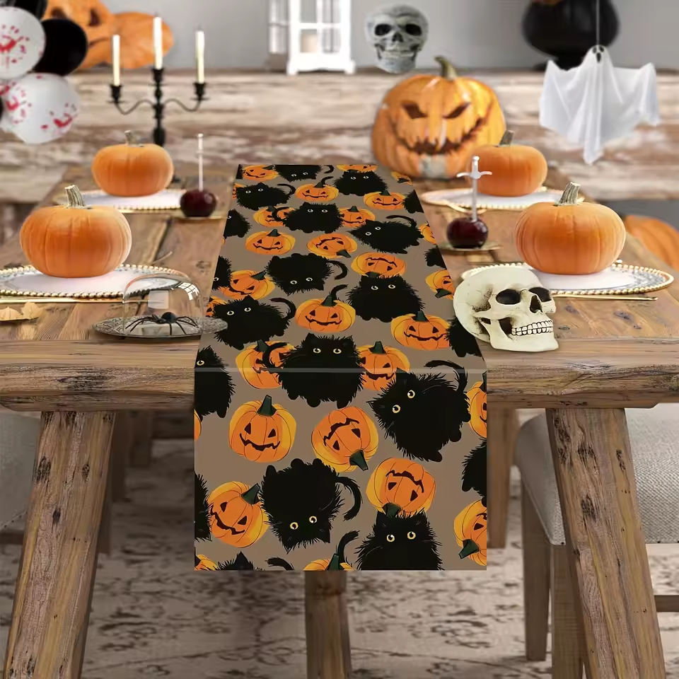 Halloween-Themed Table Runner Decorated with Black Cat and Pumpkin, Suitable for Parties, Restaurants, Homes, Markets, and Holiday Decoration Scenes.