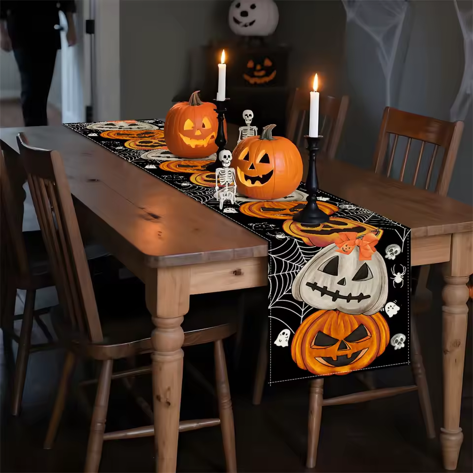 Bohemian Halloween Halloween Theme Table Runner Decoration Pumpkin Bat Skull Elements Suitable for Party Festival Decor